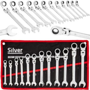 Klucze Płasko Oczkowe z Grzechotką Łamaną 8-19mm 12el. +Płachta SILVER