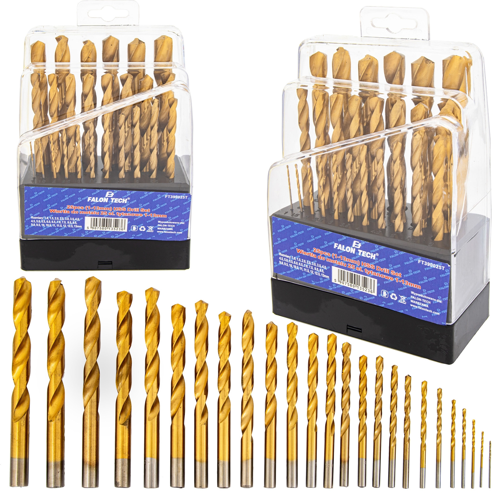 Zestaw wierteł tytanowych do metalu HSS 1-13 mm 25 el FALON-TECH